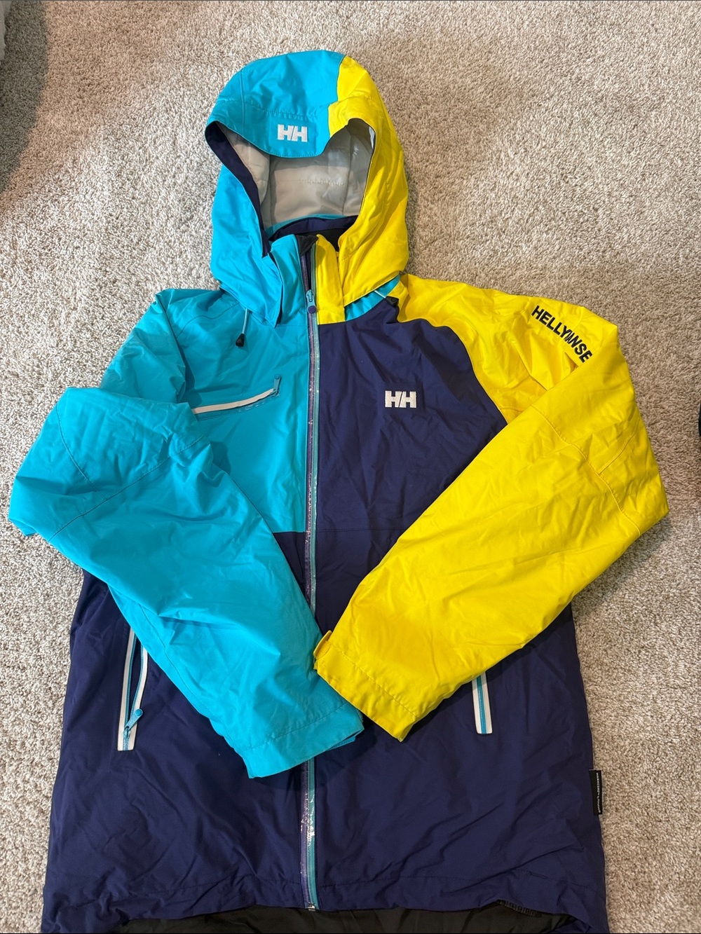 Helly Hansen Blue, Teal & Yellow Colorblock Hooded Jacket
